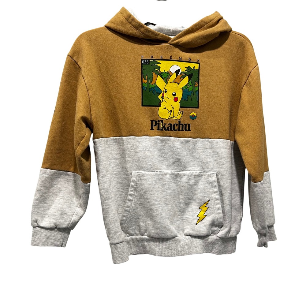 Pokemon Pikachu Kids Hoodie Colorblock Mustard Gray Graphic Pullover Size L